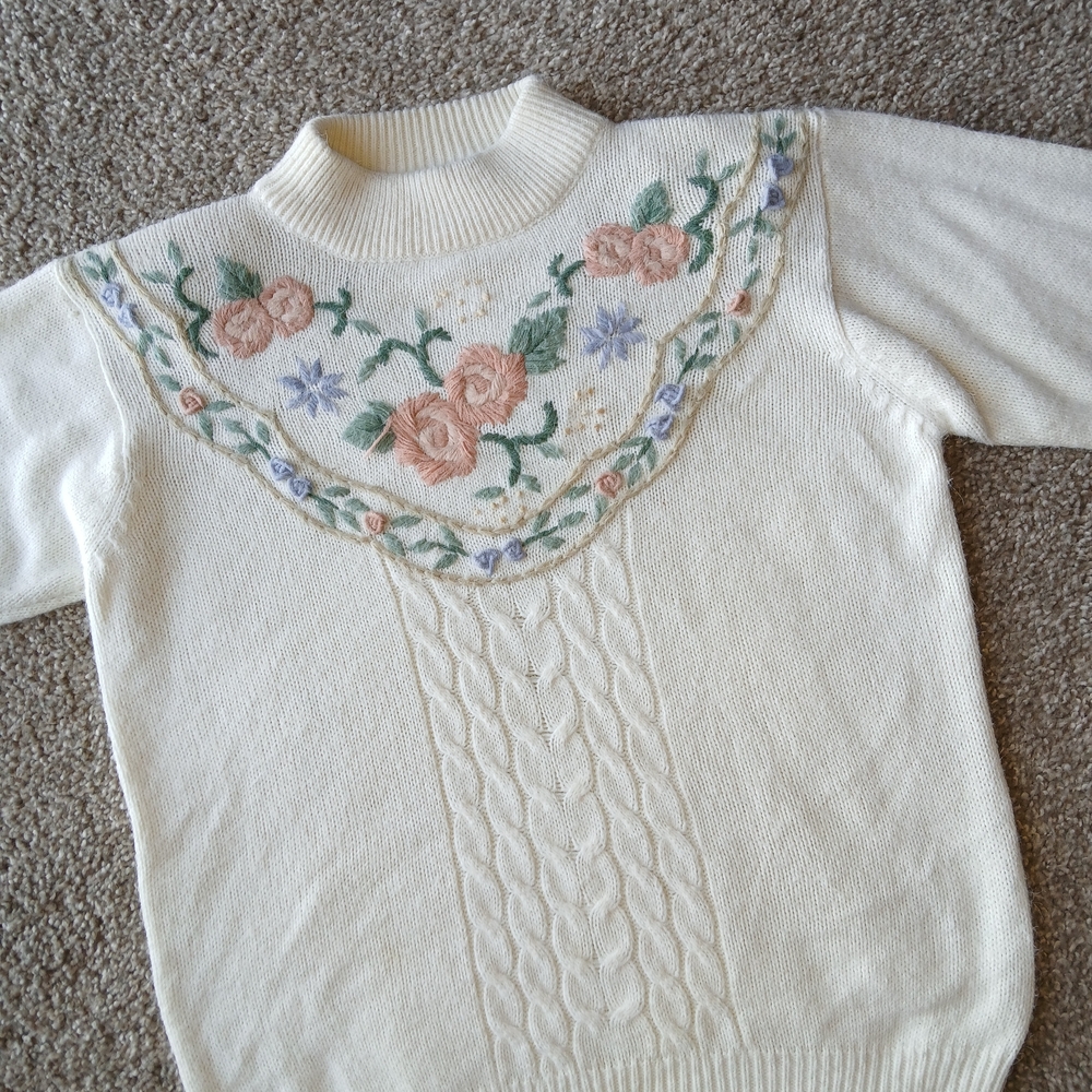 Alfred Dunner Ivory Sweater with Floral Embroidery